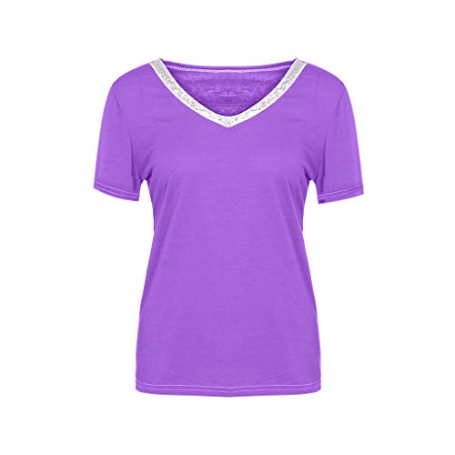 VEMOW Camisetas Moda Mujer Casual Lentejuelas de Manga Corta con Cuello en v Tops Blusa Casual Camiseta(Púrpura,M)