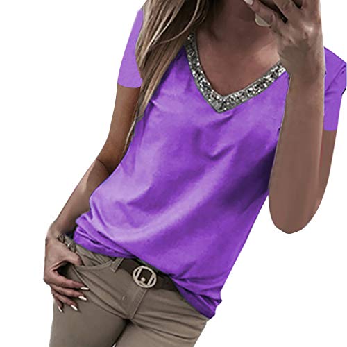 VEMOW Camisetas Moda Mujer Casual Lentejuelas de Manga Corta con Cuello en v Tops Blusa Casual Camiseta(Púrpura,M)