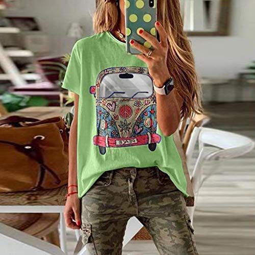 VEMOW Camisetas Mujer Verano Primavera Moda para Chicas Tallas Grandes Imprimir De Manga Corta Blusa Cuello Redondo Y Manga Corta Blusa Superior Informal Polos Tops 2019 Nueva(Verde,5XL)