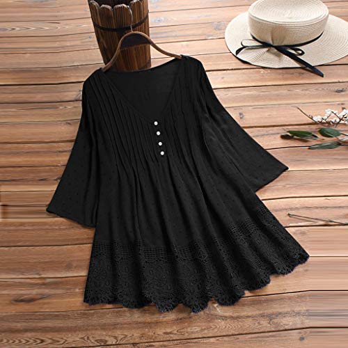 VEMOW Camisola Tops Mujer Vintage Jacquard Tres Cuartos de Encaje con Cuello en V Talla Grande Blusas Superior(Negro,XXL)