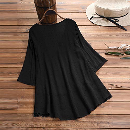 VEMOW Camisola Tops Mujer Vintage Jacquard Tres Cuartos de Encaje con Cuello en V Talla Grande Blusas Superior(Negro,XXL)