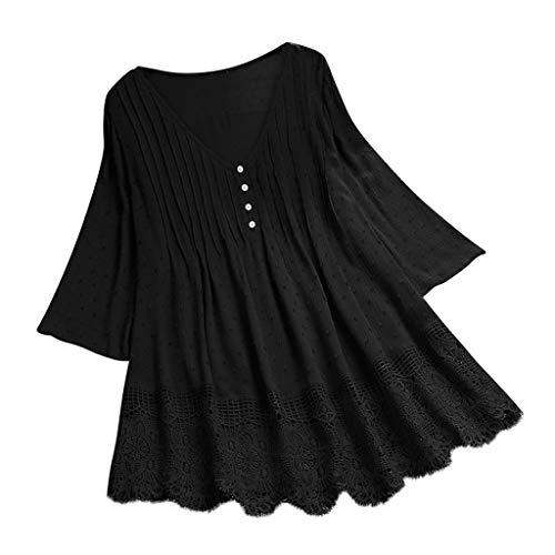 VEMOW Camisola Tops Mujer Vintage Jacquard Tres Cuartos de Encaje con Cuello en V Talla Grande Blusas Superior(Negro,XXL)