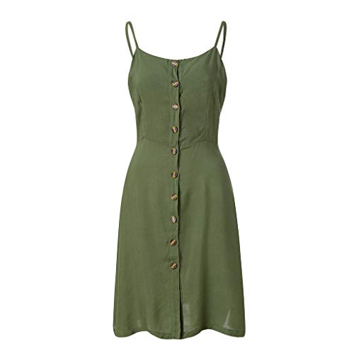 VEMOW Faldas Midi Vestido Largo Casual con botón Abotonado sin Mangas, Vestido Suelto de Fiesta Informal para Mujer(Verde,L)