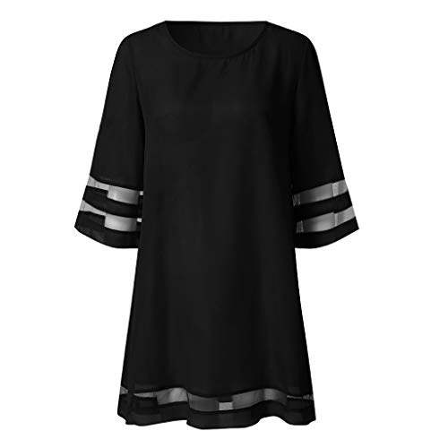 VEMOW Faldas Mujer Blusa con Panel de Malla en el Cuello O de Las Mujeres 3/4 Vestido de Camisa Suelta con Manga de Campana(A Black,M)