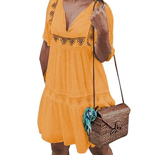 VEMOW Faldas Mujer Vestido Corto Bohemio con Cuello en V de Las Mujeres Vestido de Verano Informal de Playa Hueco Hueco Corto(Amarillo,L)