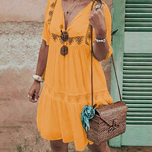 VEMOW Faldas Mujer Vestido Corto Bohemio con Cuello en V de Las Mujeres Vestido de Verano Informal de Playa Hueco Hueco Corto(Amarillo,L)