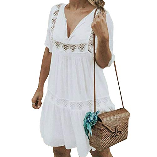 VEMOW Faldas Mujer Vestido Corto Bohemio con Cuello en V de Las Mujeres Vestido de Verano Informal de Playa Hueco Hueco Corto(Blanco,XL)