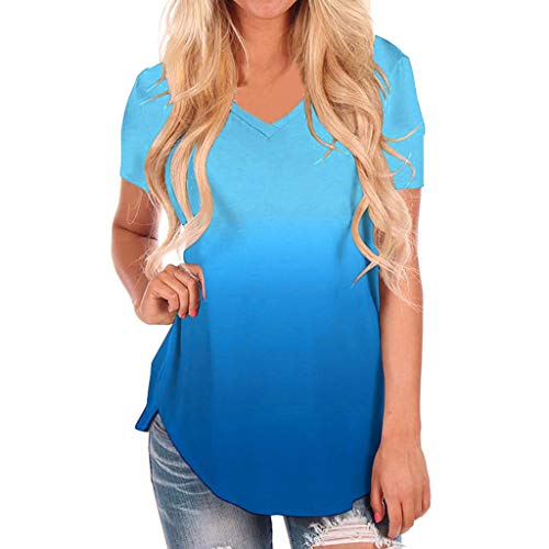 VEMOW Los más vendidos Camiseta Tops Las Mujeres cruzan el Hombro frío V Cuello Manga Corta Blusa(YC Azul,XL)