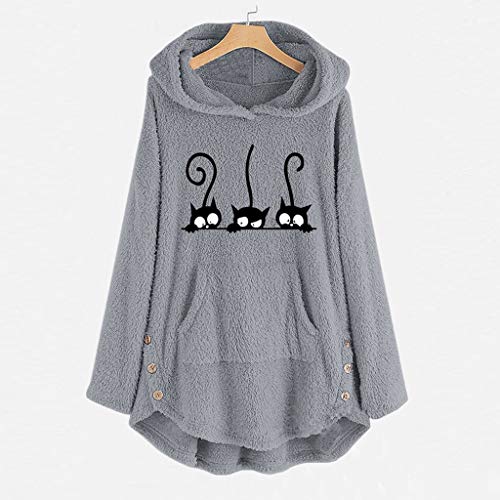 VEMOW Sudaderas con Capucha Mujer Lana Bordado Talla Extra Calentar Pullover Parte Superior Botón Suéter Blusa Tops Camisa OtoñO Invierno(Gris,4XL)