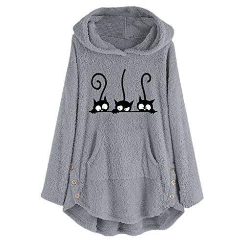 VEMOW Sudaderas con Capucha Mujer Lana Bordado Talla Extra Calentar Pullover Parte Superior Botón Suéter Blusa Tops Camisa OtoñO Invierno(Gris,4XL)
