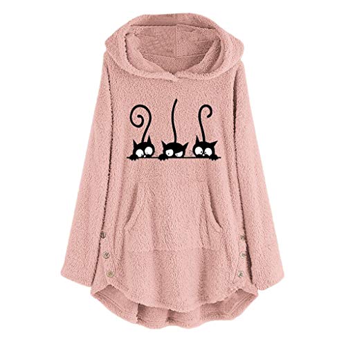 VEMOW Sudaderas con Capucha Mujer Lana Bordado Talla Extra Calentar Pullover Parte Superior Botón Suéter Blusa Tops Camisa OtoñO Invierno(Rosado,L)