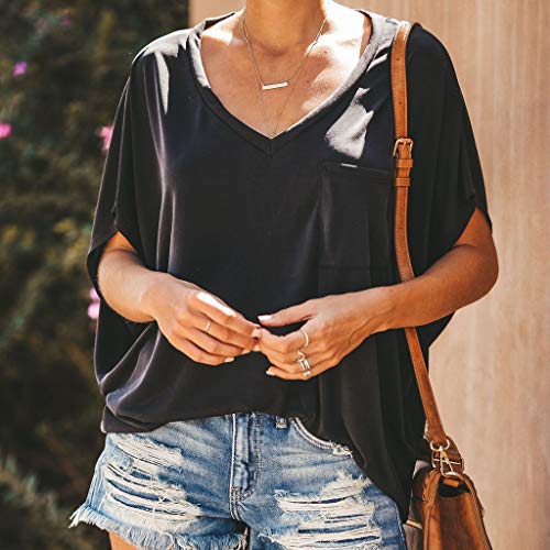 VEMOW Tops Camiseta de Bolsillo de Manga Corta Popular Informal con Cuello en V para Mujer BlusaTops(Black,XL)