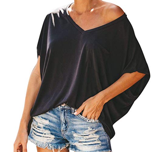VEMOW Tops Camiseta de Bolsillo de Manga Corta Popular Informal con Cuello en V para Mujer BlusaTops(Black,XL)
