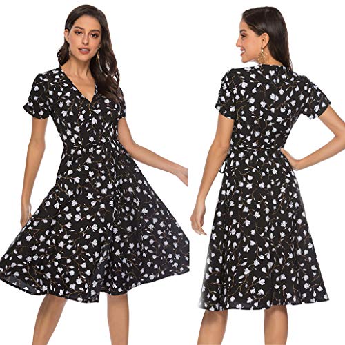 VEMOW Vestido Mujer Fiesta con Estampado Floral Festivo con Cuello en V para Mujer Vestido de Fiesta de Manga Corta(Negro,L)