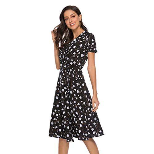 VEMOW Vestido Mujer Fiesta con Estampado Floral Festivo con Cuello en V para Mujer Vestido de Fiesta de Manga Corta(Negro,L)