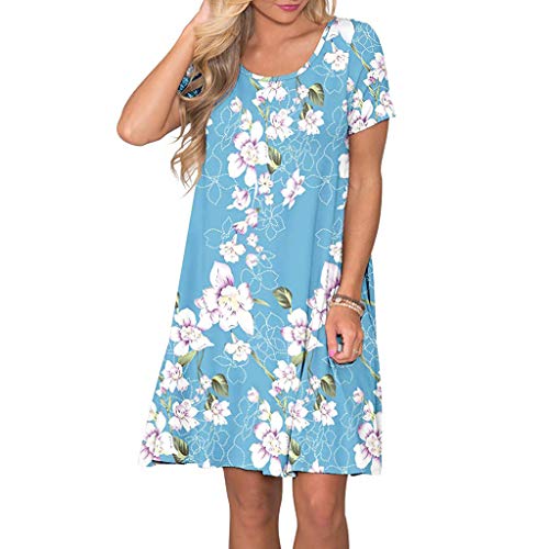 VEMOW Vestido Mujer Mujeres Verano Manga Corta Floral Bolsillos Impresos Vestido de oscilación Ocasional de Sundress(A Cielo Azul,L)