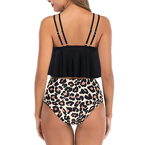 Vertvie - Bañador de 2 piezas para mujer, playa, bikini con volantes, estilo vintage, bañador acolchado push up, camiseta de tirantes corto, tanga de cintura alta A-noir Léopard L