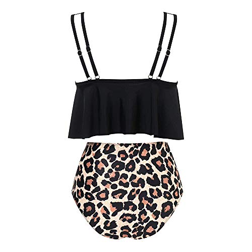 Vertvie - Bañador de 2 piezas para mujer, playa, bikini con volantes, estilo vintage, bañador acolchado push up, camiseta de tirantes corto, tanga de cintura alta A-noir Léopard L