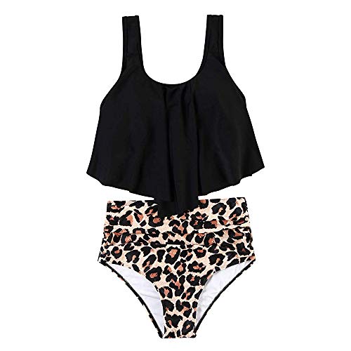 Vertvie - Bañador de 2 piezas para mujer, playa, bikini con volantes, estilo vintage, bañador acolchado push up, camiseta de tirantes corto, tanga de cintura alta A-noir Léopard L
