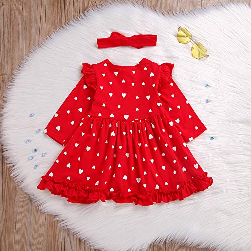 Vestido Bebé Niña + Diadema Manga Larga Impresión de Corazón Plisada Vestidos Niñas Princesa Ropa Bebe Niña Recien Nacido (Rojo, 12-18 Meses)