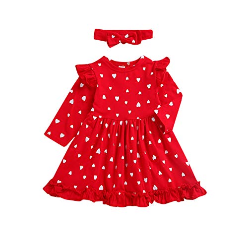 Vestido Bebé Niña + Diadema Manga Larga Impresión de Corazón Plisada Vestidos Niñas Princesa Ropa Bebe Niña Recien Nacido (Rojo, 12-18 Meses)