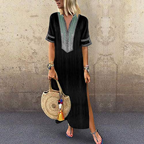 Vestido bohemio de verano para mujer, talla grande, S-5XL, casual, cuello en V, vestido dividido, vintage, étnico, floral, para mujer, suelto, manga corta, largo, maxi kaftan