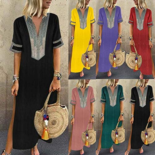 Vestido bohemio de verano para mujer, talla grande, S-5XL, casual, cuello en V, vestido dividido, vintage, étnico, floral, para mujer, suelto, manga corta, largo, maxi kaftan
