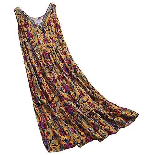 Vestido casual suelto sin mangas para mujer, cuello en O, línea A, playa, verano, columpio, túnica sin mangas, vestido vintage con estampado floral, largo maxi de algodón y lino, tallas S-5XL