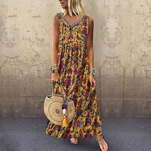 Vestido casual suelto sin mangas para mujer, cuello en O, línea A, playa, verano, columpio, túnica sin mangas, vestido vintage con estampado floral, largo maxi de algodón y lino, tallas S-5XL