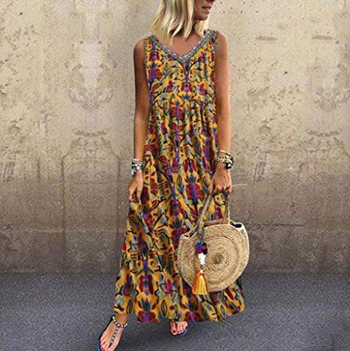 Vestido casual suelto sin mangas para mujer, cuello en O, línea A, playa, verano, columpio, túnica sin mangas, vestido vintage con estampado floral, largo maxi de algodón y lino, tallas S-5XL