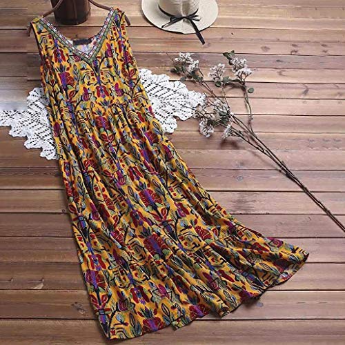 Vestido casual suelto sin mangas para mujer, cuello en O, línea A, playa, verano, columpio, túnica sin mangas, vestido vintage con estampado floral, largo maxi de algodón y lino, tallas S-5XL