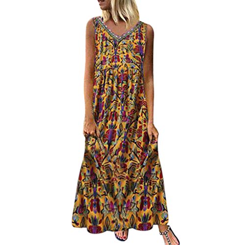 Vestido casual suelto sin mangas para mujer, cuello en O, línea A, playa, verano, columpio, túnica sin mangas, vestido vintage con estampado floral, largo maxi de algodón y lino, tallas S-5XL