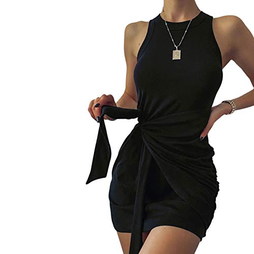 Vestido Casual Verano para Mujer Vestido Camiseta Sin Mangas Casuales Suelto Vestido Color Sólido hasta Rodillas para Diario Playa Vacaciones (Negro, L)