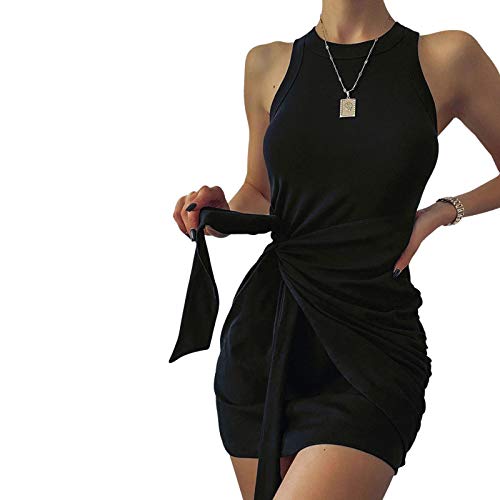 Vestido Casual Verano para Mujer Vestido Camiseta Sin Mangas Casuales Suelto Vestido Color Sólido hasta Rodillas para Diario Playa Vacaciones (Negro, L)