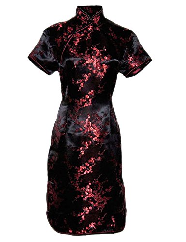Vestido chino corta negro y rosso cheongsam mangas cortas Qipao motivo pequeñas flores, Talla 40/M