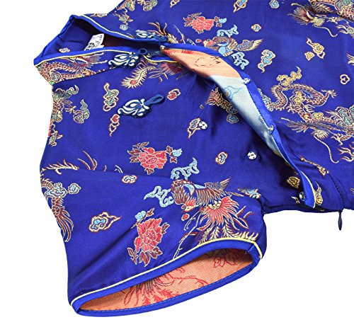 Vestido chino larga azul motivo dragón Qipao de cóctel vestido de noche con mangas cortas tamaño 38