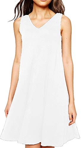 Vestido con Vuelo en Forma de A para Mujer - Largo hasta la Rodilla y sin Mangas - Escote de Pico, Redondo o de Cisne - Informal - Colores Lisos - Blanco - Cuello de Pico - XXL - UK 20-22/EU 48-50