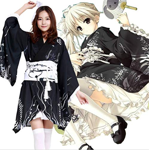 Vestido de Albornoz Kimono de Estilo japonés Anime Cosplay Yukata Series Verano de Japón Chicas Lindas Cosplay de Anime Disfraces (Negro, S)