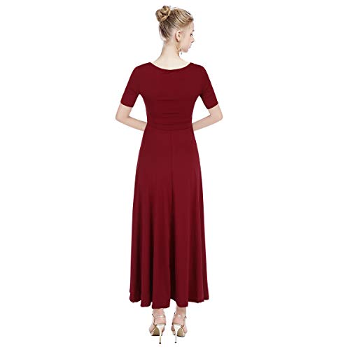 Vestido de Baile Litúrgico Alabanza para Adulto Mujer,Manga Corta Color Sólido Largo Danza Falda Casual Maxi Jersey,Invierno Otoño Fiesta Ballet Bailarina Disfraz Vino Rojo S