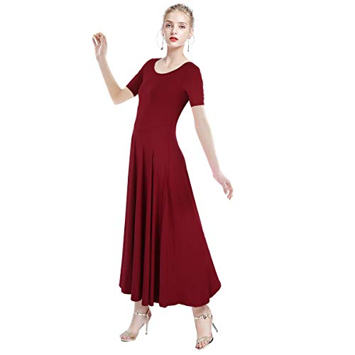 Vestido de Baile Litúrgico Alabanza para Adulto Mujer,Manga Corta Color Sólido Largo Danza Falda Casual Maxi Jersey,Invierno Otoño Fiesta Ballet Bailarina Disfraz Vino Rojo S