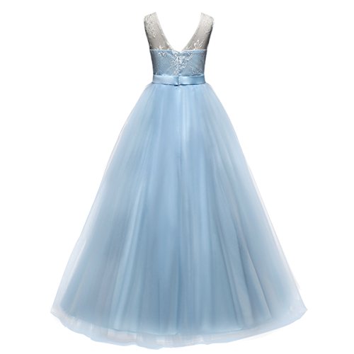 Vestido de Dama de Honor de la Boda de la Muchacha Encaje Elegante Sin Mangas Vestido Largo de Tul Tutú de Princesa para Ceremonia Bautismo Paseo Baile Cóctel Fotografía Vestir Azul 10-11 Años
