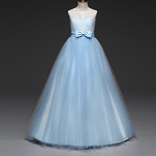 Vestido de Dama de Honor de la Boda de la Muchacha Encaje Elegante Sin Mangas Vestido Largo de Tul Tutú de Princesa para Ceremonia Bautismo Paseo Baile Cóctel Fotografía Vestir Azul 10-11 Años