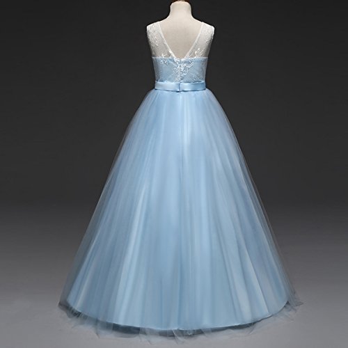 Vestido de Dama de Honor de la Boda de la Muchacha Encaje Elegante Sin Mangas Vestido Largo de Tul Tutú de Princesa para Ceremonia Bautismo Paseo Baile Cóctel Fotografía Vestir Azul 10-11 Años