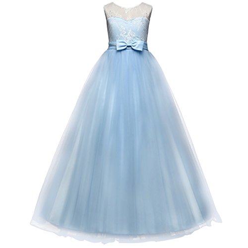 Vestido de Dama de Honor de la Boda de la Muchacha Encaje Elegante Sin Mangas Vestido Largo de Tul Tutú de Princesa para Ceremonia Bautismo Paseo Baile Cóctel Fotografía Vestir Azul 10-11 Años