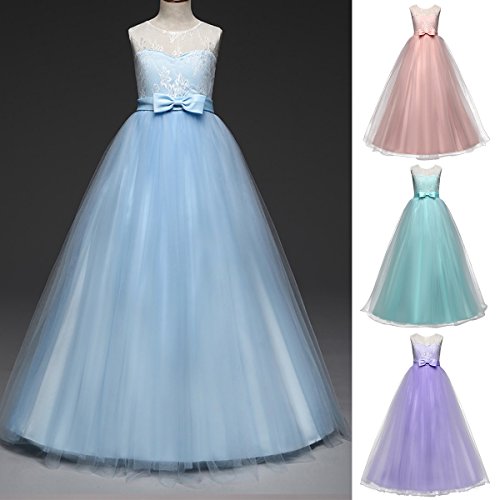 Vestido de Dama de Honor de la Boda de la Muchacha Encaje Elegante Sin Mangas Vestido Largo de Tul Tutú de Princesa para Ceremonia Bautismo Paseo Baile Cóctel Fotografía Vestir Azul 10-11 Años