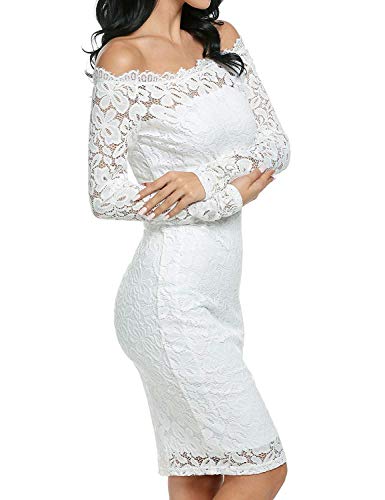 Vestido de Fiesta Encaje Manga Larga sin Hombros Lápiz Mujer Bodycon (Blanco, L)