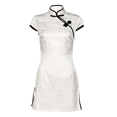 Vestido de Fiesta para Mujer, Mode de Marca de La Vendimia Estilo Cheongsam Qipao Vestido de Noche Chino de Manga Corta con Cuello Alto Estampado Floral