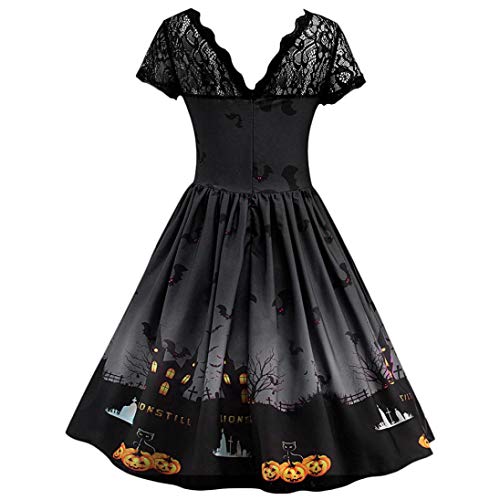 Vestido de Halloween con Encaje Estampado Negro, Covermason Vestido de Noche de Encaje Retro de Halloween de Manga Corta para Mujer Vestido de oscilación de Calabaza de línea(Negro,44EU)