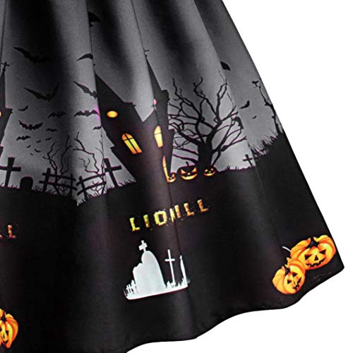 Vestido de Halloween con Encaje Estampado Negro, Covermason Vestido de Noche de Encaje Retro de Halloween de Manga Corta para Mujer Vestido de oscilación de Calabaza de línea(Negro,44EU)