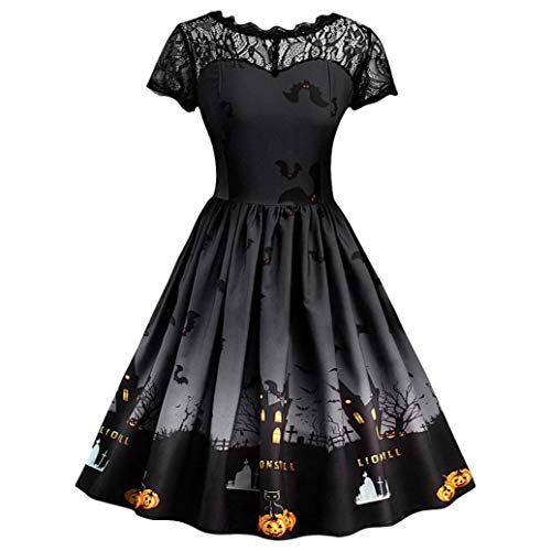 Vestido de Halloween con Encaje Estampado Negro, Covermason Vestido de Noche de Encaje Retro de Halloween de Manga Corta para Mujer Vestido de oscilación de Calabaza de línea(Negro,44EU)